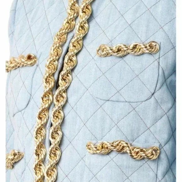 MOSCHINO COUTURE LIGHT WASH FADED DENIM QUILT GOLD CHAIN JACKET IT44 USA 10 - Picture 5 of 15